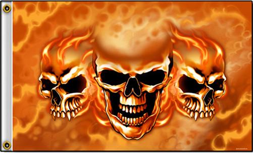DELUXE TRIPLE SKULL FLAMES (3ft X 5ft) MOTORCYCLE BIKER FLAG