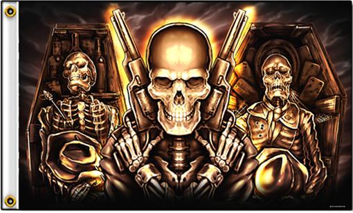 DELUXE COFFIN SKULLS GUNS BIKER (3ft X 5ft) FLAG