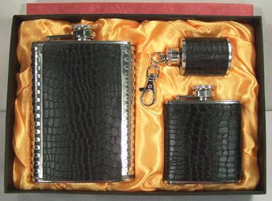 BLACK LEATHER 3 PIECE FLASK WITH KEY CHAIN SET