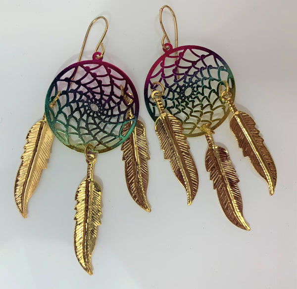 3 INCH METAL DREAM CATCHER RAINBOW DANGLE EARRINGS WITH FEATHERS (SOLD BY THE PAIR)