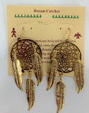 3INCH METAL DREAM CATCHER GOLD  DANGLE EARRINGS WITH FEATHERS (SOLD BY THE PAIR)