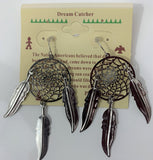 3INCH METAL DREAM CATCHER SILVER DANGLE EARRINGS WITH FEATHERS (SOLD BY THE PAIR)