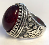 Ruby red stone engraved  metal biker ring (sold by the piece)