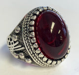 Ruby red stone engraved  metal biker ring (sold by the piece)