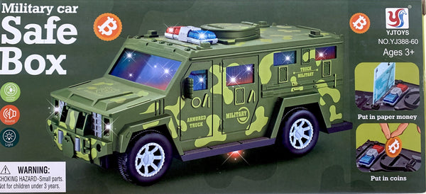 MILITARY JEEP MONEY SAFE BOX BUMP & GO, MUSIC, LIGHT UP ( sold by the piece)