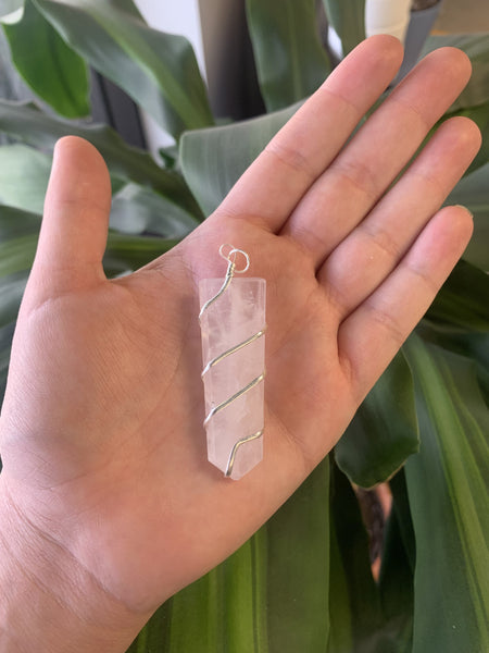 LARGE 2" FLAT ROSE QUARTZ COIL WRAPPED  STONE PENDANT (sold by the piece or bag of 10 )