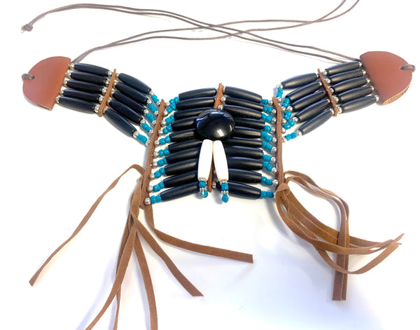 BLACK AND TURQUOISE SMALL INDIAN STYLE BUFFALO BONE BREAST CHEST PLATE WITH DREAMCATCHER( sold by the piece)