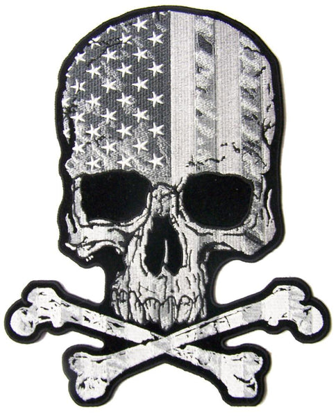SKULL X BONES USA FLAG B & W  EMBROIDERED PATCH 4 INCH