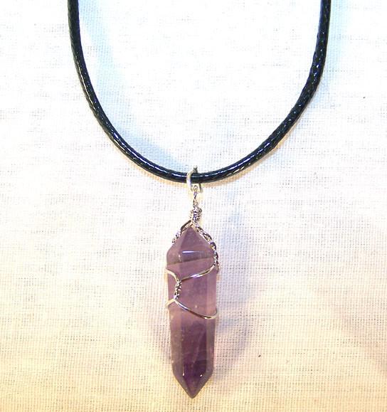 AMETHYST STONE WIRE WRAPPED BLACK ROPE NECKLACE
