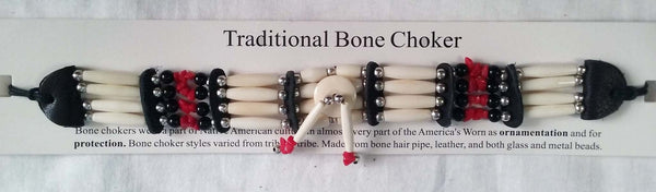 RED STONE FOUR ROW BONE CHOKER NECKLACE