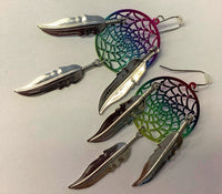 3 INCH METAL DREAM CATCHER RAINBOW with SILVER DANGLE EARRINGS WITH FEATHERS (SOLD BY THE PAIR)