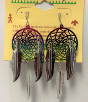 3 INCH METAL DREAM CATCHER RAINBOW with SILVER DANGLE EARRINGS WITH FEATHERS (SOLD BY THE PAIR)