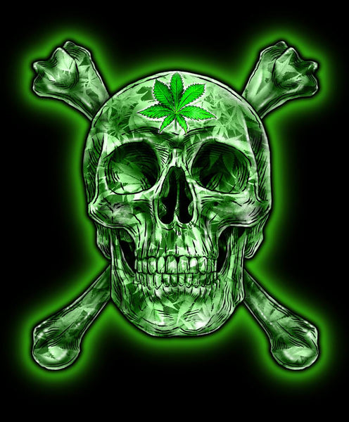 GREEN SKULL AND CROSS BONE POT LEAF TEE SHIRT