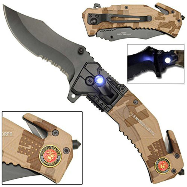 USMC MARINES LED TATICAL CAMOUFLAGED FOLDING KNIFE
