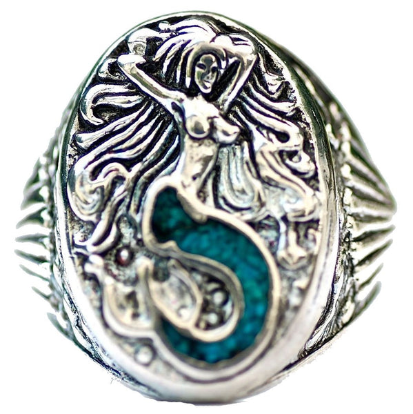 INLAYED MERMAID BIKER RING