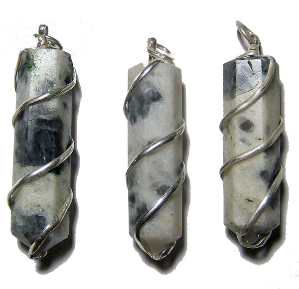 RAINBOW MOONSTONE COIL WRAPPED POINT STONE PENDANT