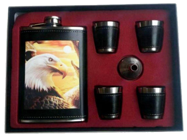 EAGLE WITH SUNRISE FLASK SET W FOUR SHOT GLASSES & FUNNEL