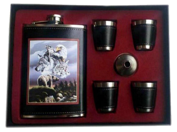 WILD ANIMALS FLASK SET W 4 SHOT GLASSES