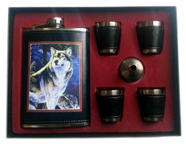 NEW WOLF FLASK SET W FOUR SHOT GLASSES & FUNNEL