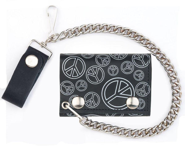 OPEN PEACE SIGNS TRIFOLD LEATHER WALLETS WITH CHAIN