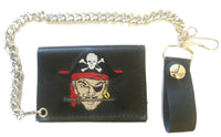 PIRATE SKULL & CROSS BONES TRIFOLD LEATHER WALLET WITH CHAIN