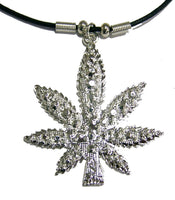 LARGE SILVER MARIJUANA POT LEAF NECKLACE ON ROPE NECKLACE