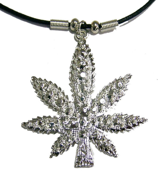 LARGE SILVER MARIJUANA POT LEAF NECKLACE ON ROPE NECKLACE