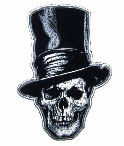 SKULL HEAD STOVE PIPE HAT 5 IN EMBROIDERED PATCH