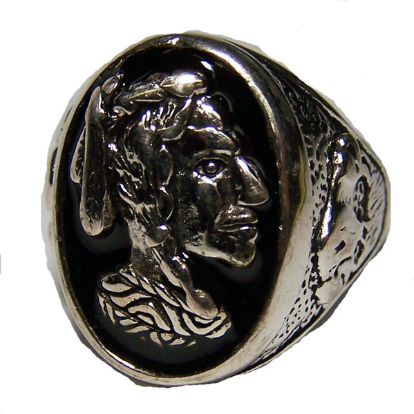 INDIAN WARRIOR WITH BUFFALO SIDES SILVER DELUXE BIKER RING