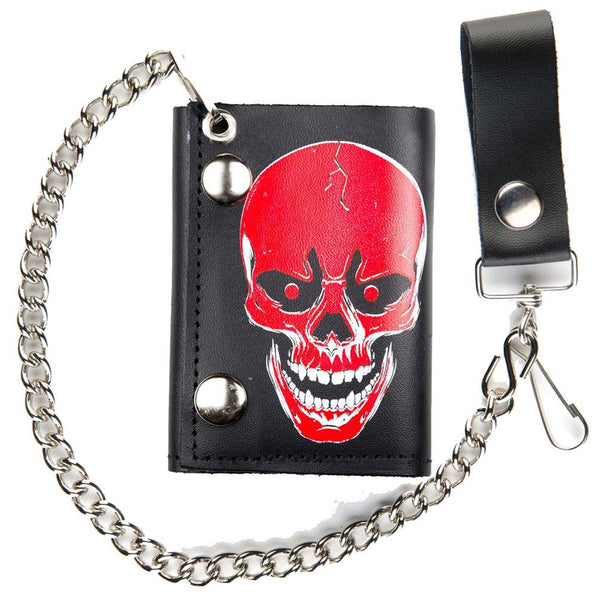 LARGE RED SKULL TRIFOLD LEATHER WALLETS WITH CHAIN