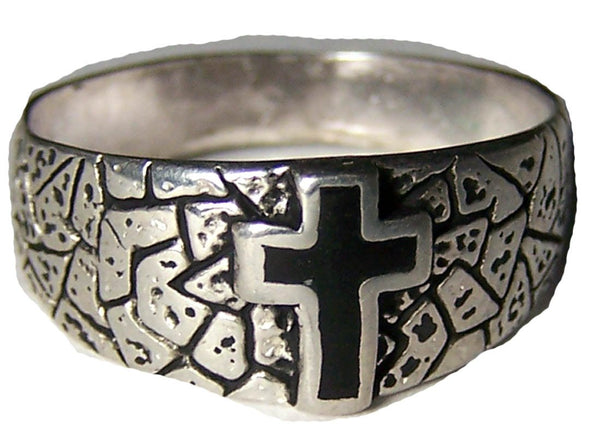 CHRISTIAN INLAYED CROSS SILVER DELUXE BIKER RING