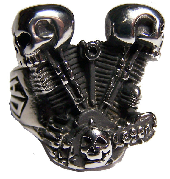ENGINE PISTOL SKULL HEADS STAINLESS STEEL BIKER RING
