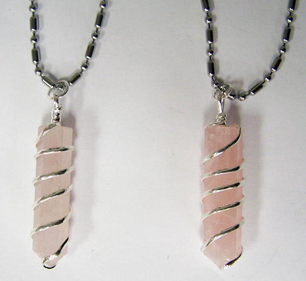 ROSE QUARTZ CRYSTAL COIL WRAPPED STONE STAINLESS STEEL BALL CHIAN NECKLACE
