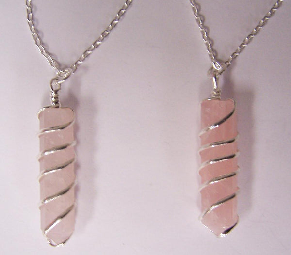 ROSE QUARTZ CRYSTAL COIL WRAPPED STONE 18 INCH SILVER CHIAN NECKLACE