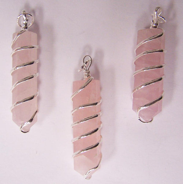 ROSE QUARTZ COIL WRAPPED POINT STONE PENDANT