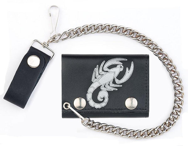 SCORPION TRIFOLD LEATHER WALLETS WITH CHAIN