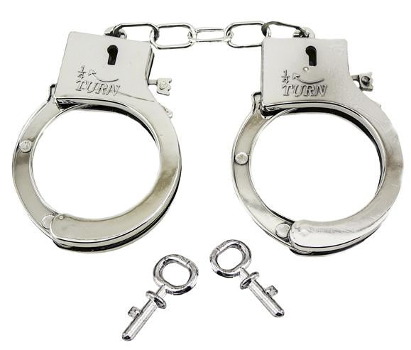 ELECTROPLATED SHINY SILVER PLASTIC HANDCUFFS WITH KEYS