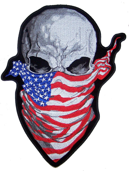 SKULL AMERICAN FLAG BANDANA EMBROIDERED PATCH 12 INCH