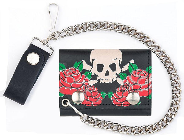 SKULL AND ROSES TRIFOLD LEATHER WALLETS WITH CHAIN