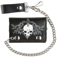 SKULL & DAGGER TRIFOLD LEATHER WALLETS WITH CHAIN