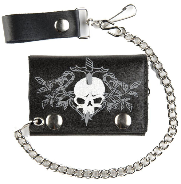 SKULL & DAGGER TRIFOLD LEATHER WALLETS WITH CHAIN