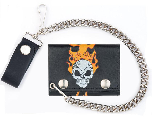 SKULL HEAD WITH FLAMES TRIFOLD LEATHER WALLETS WITH CHAIN