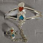 TWO HEARTS CUFF SLAVE BRACELET WITH RING ON CHAIN