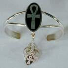 OVAL ANKH CROSS CUFF SLAVE BRACELET WITH RING ON CHAIN