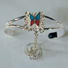 FANCY BUTTERFLY CUFF SLAVE BRACELET WITH RING ON CHAIN