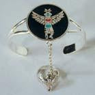 AZTEC BIRD INDIAN DANCER DESIGN CUFF SLAVE BRACELET WITH RING ON CHAIN