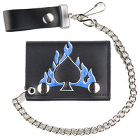 SPADES BLUE FLAMES TRIFOLD LEATHER WALLETS WITH CHAIN