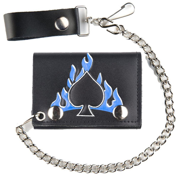 SPADES BLUE FLAMES TRIFOLD LEATHER WALLETS WITH CHAIN