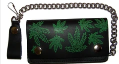 MULTIPLE POT LEAVES MARIJUANA 6 INCH BIKER / TRUCKER LEATHER WALLET WITH CHAIN (Sold by the piece)
