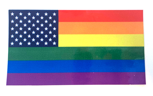 RAINBOW PRIDE AMERICAN FLAG BUMPER STICKER 4 1/2" X 2 1/2"